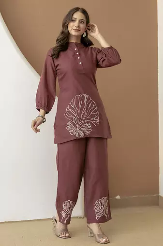 Brown cambric cotton embroidery work co-ord set kurta and straight pant for women