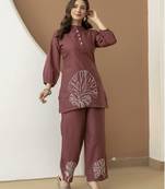 Brown cambric cotton embroidery work co-ord set kurta and straight pant for women