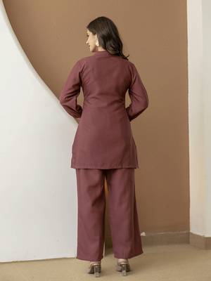 Brown cambric cotton embroidery work co-ord set kurta and straight pant for women 2