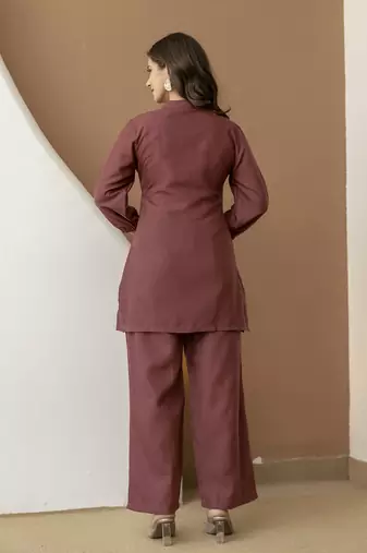 Brown cambric cotton embroidery work co-ord set kurta and straight pant for women
