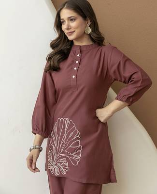 Brown cambric cotton embroidery work co-ord set kurta and straight pant for women 3