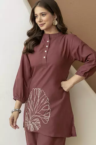 Brown cambric cotton embroidery work co-ord set kurta and straight pant for women