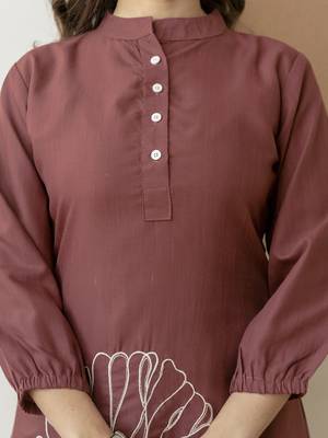 Brown cambric cotton embroidery work co-ord set kurta and straight pant for women 4