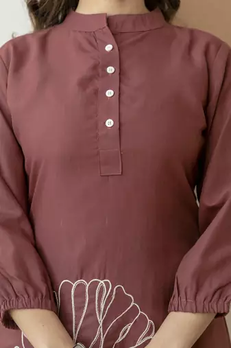 Brown cambric cotton embroidery work co-ord set kurta and straight pant for women