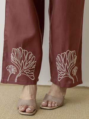 Brown cambric cotton embroidery work co-ord set kurta and straight pant for women 5