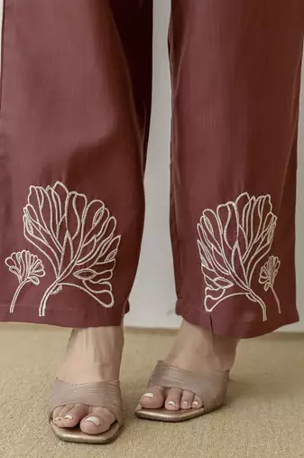 Brown cambric cotton embroidery work co-ord set kurta and straight pant for women