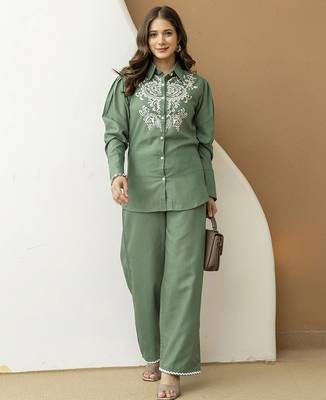 Green cambric cotton embroidery work co-ord set top and straight pant 1