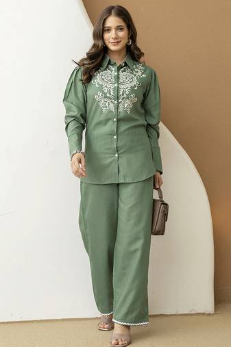 Green cambric cotton embroidery work co-ord set top and straight pant