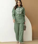 Green cambric cotton embroidery work co-ord set top and straight pant