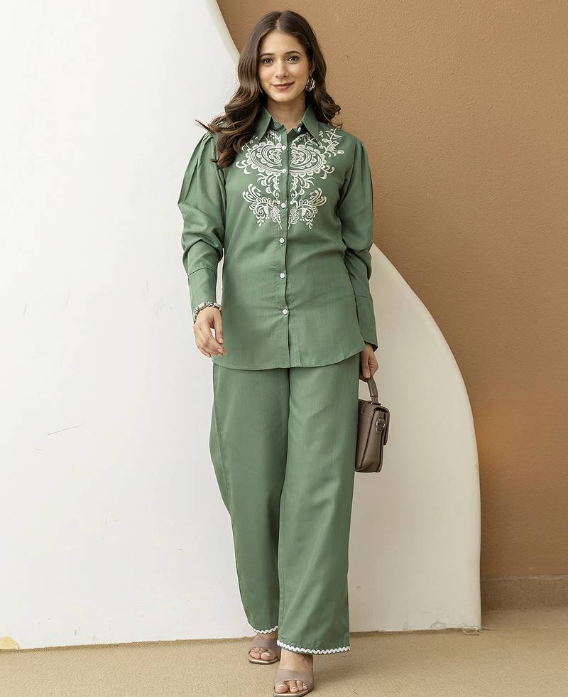 Green cambric cotton embroidery work co-ord set top and straight pant