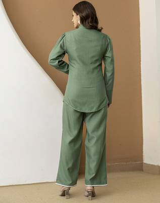 Green cambric cotton embroidery work co-ord set top and straight pant 2