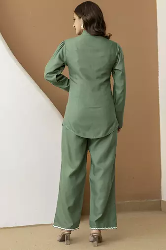 Green cambric cotton embroidery work co-ord set top and straight pant