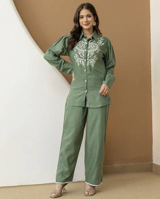 Green cambric cotton embroidery work co-ord set top and straight pant 3