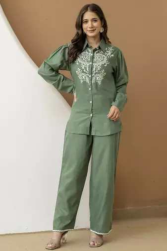 Green cambric cotton embroidery work co-ord set top and straight pant