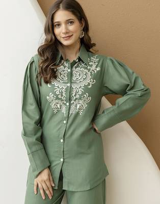 Green cambric cotton embroidery work co-ord set top and straight pant 4