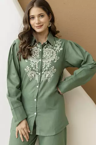 Green cambric cotton embroidery work co-ord set top and straight pant