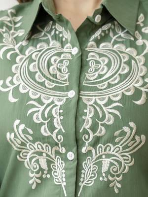 Green cambric cotton embroidery work co-ord set top and straight pant 5