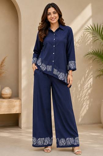 Navyblue denim embroidery work shirt wide leg pants co-ord set casual two piece