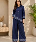 Navyblue denim embroidery work shirt wide leg pants co-ord set casual two piece