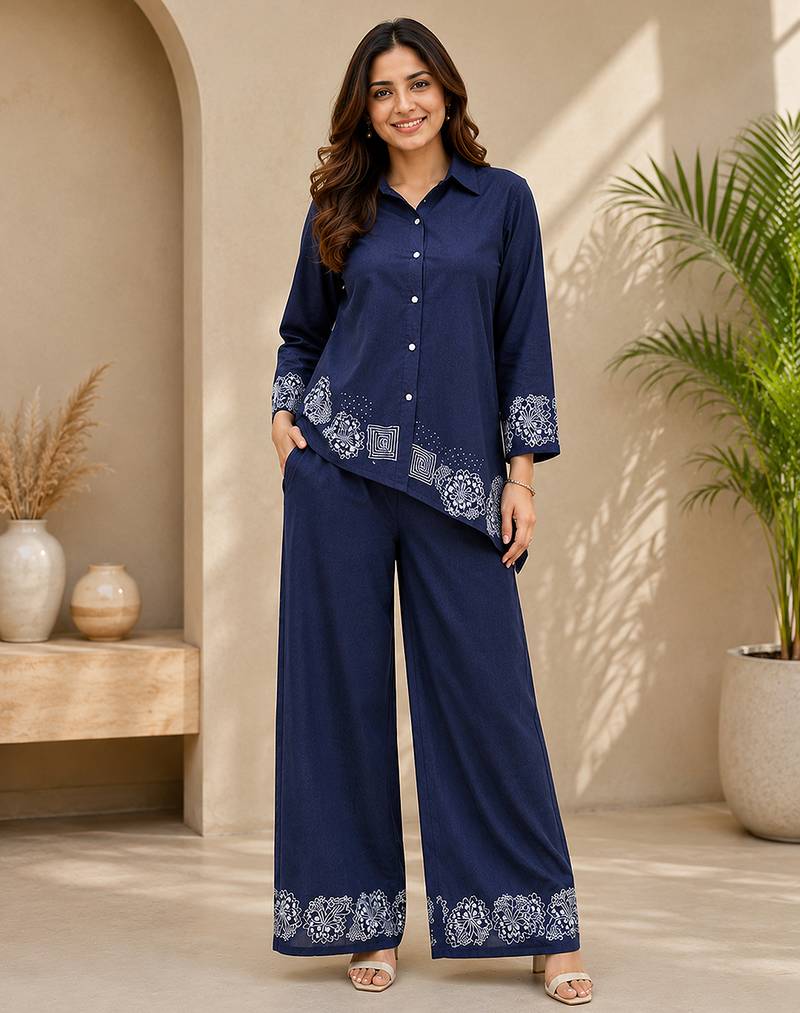 Navyblue denim embroidery work shirt wide leg pants co-ord set casual two piece
