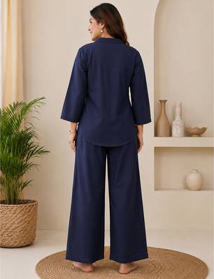 Navyblue denim embroidery work shirt wide leg pants co-ord set casual two piece 2