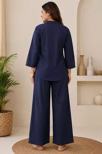 Navyblue denim embroidery work shirt wide leg pants co-ord set casual two piece