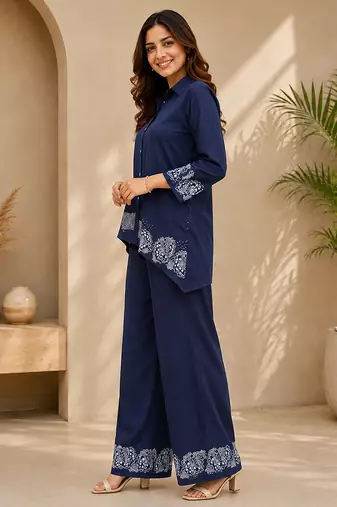 Navyblue denim embroidery work shirt wide leg pants co-ord set casual two piece