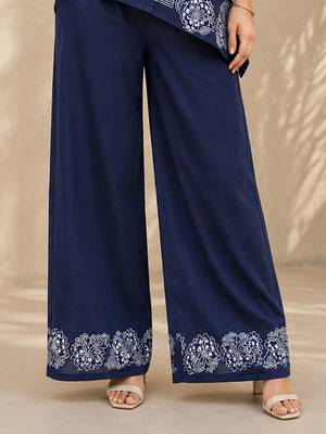 Navyblue denim embroidery work shirt wide leg pants co-ord set casual two piece 4