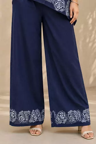 Navyblue denim embroidery work shirt wide leg pants co-ord set casual two piece