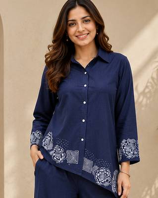 Navyblue denim embroidery work shirt wide leg pants co-ord set casual two piece 5