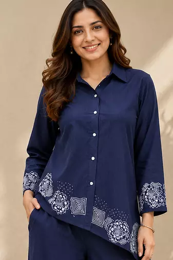 Navyblue denim embroidery work shirt wide leg pants co-ord set casual two piece