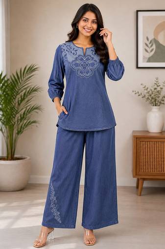 Blue denim embroidered co-ord set with round neck top and wide Bottom pant