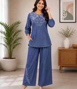 Blue denim embroidered co-ord set with round neck top and wide Bottom pant