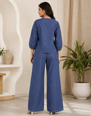 Blue denim embroidered co-ord set with round neck top and wide Bottom pant 2