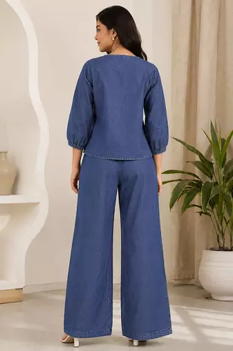 Blue denim embroidered co-ord set with round neck top and wide Bottom pant