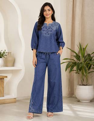 Blue denim embroidered co-ord set with round neck top and wide Bottom pant 4