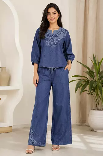 Blue denim embroidered co-ord set with round neck top and wide Bottom pant