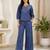 Blue denim embroidered co-ord set with round neck top and wide Bottom pant