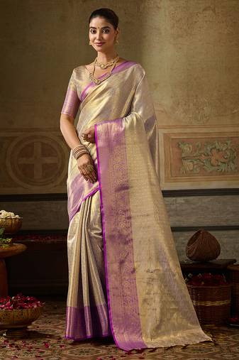 cream color beautiful woven designer partywear saree
