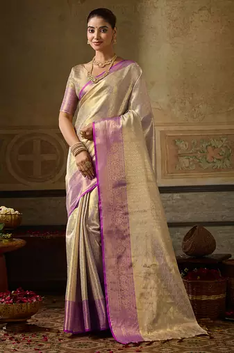 cream color beautiful woven designer partywear saree