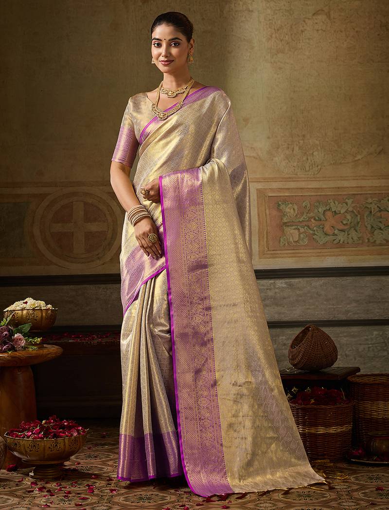 cream color beautiful woven designer partywear saree