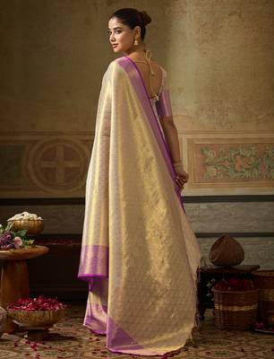 cream color beautiful woven designer partywear saree 2