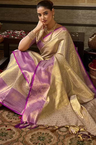 cream color beautiful woven designer partywear saree
