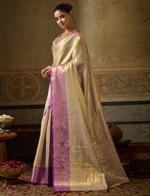 cream color beautiful woven designer partywear saree 5