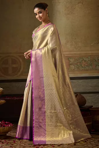 cream color beautiful woven designer partywear saree