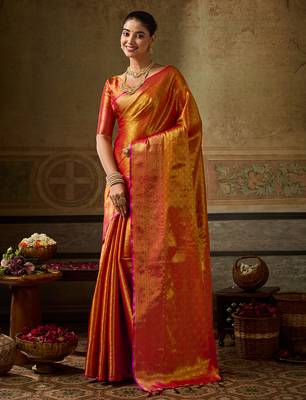 orange color beautiful woven designer partywear saree 1