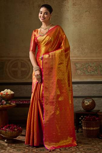 orange color beautiful woven designer partywear saree
