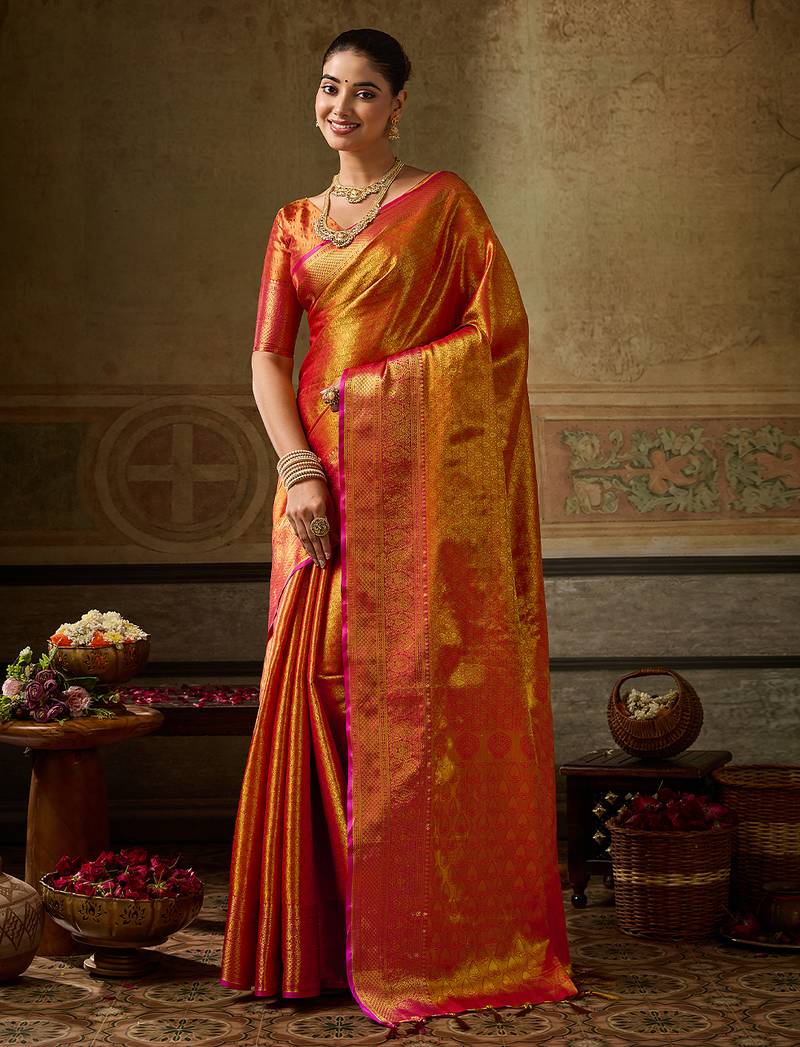 orange color beautiful woven designer partywear saree