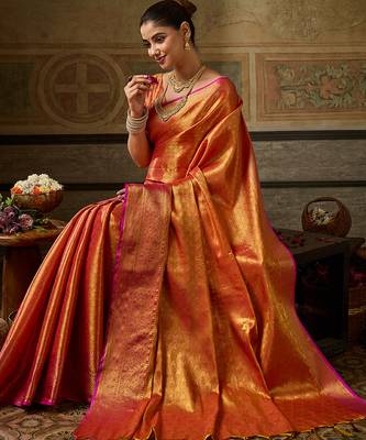 orange color beautiful woven designer partywear saree 3