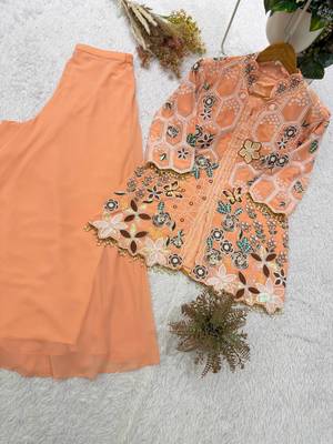 peach color embroidery and sequnce work georgette salwar suit 4